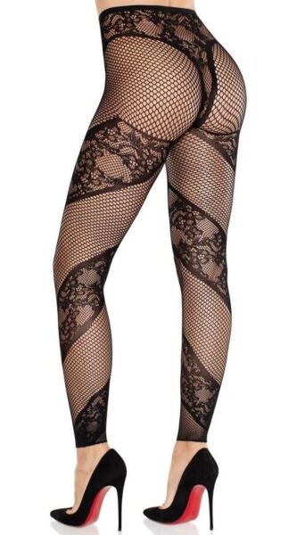 Punčochové kalhoty bez chodidel Leg Avenue Lace and Net Illusion v černé barvě, síťované s krajkovými panely