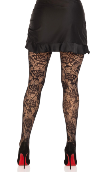 Černé síťované punčocháče Leg Avenue Wild Rose s kosočtvercovou sítí a vzorem růží