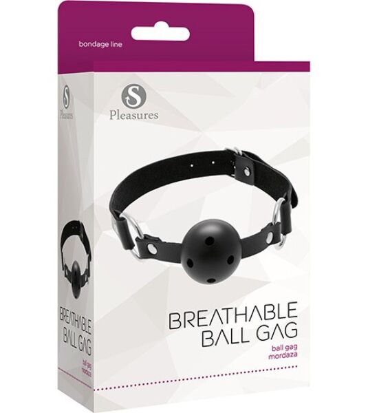 Černý roubík S Pleasures Breathable Ball Gag s kuličkou s otvory, kovovými kroužky a popruhem s přezkou