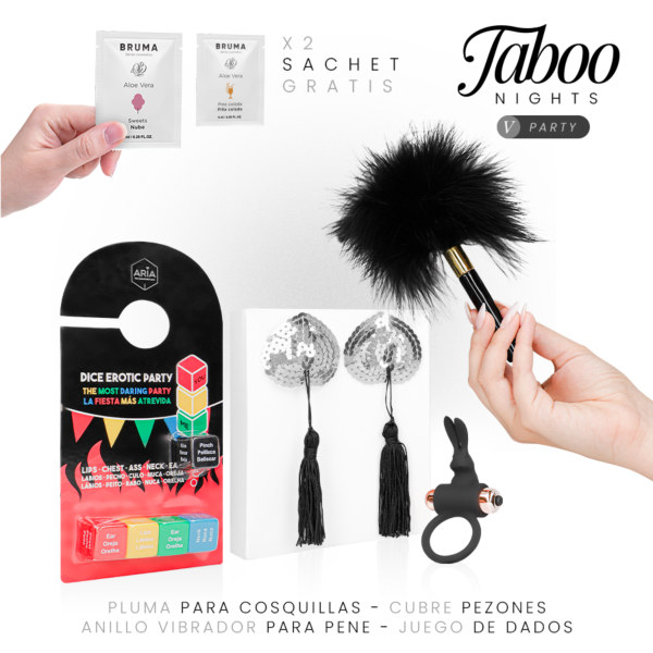 Erotická sada Taboo Nights 5: Party s hrou s kostkami, vibračním kroužkem, krytkami na bradavky, pírkem a lubrikačními gely