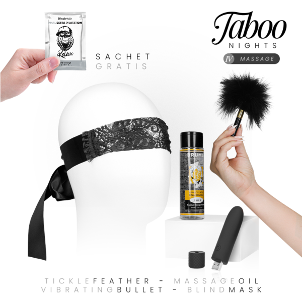 Sada Taboo Nights 4 Massage s olejem Bruma, vibračním vajíčkem Geri, škraboškou, peříčkem a análním gelem Black Hole