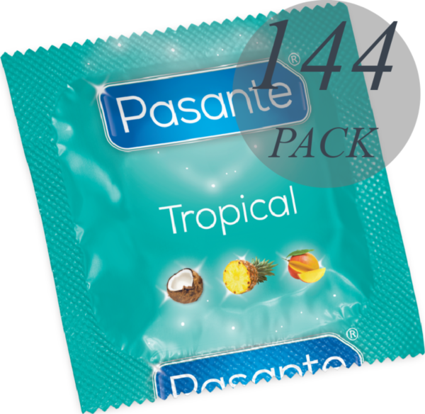 Balení 144 kondomů Pasante Tropical s příchutěmi manga, ananasu a kokosu