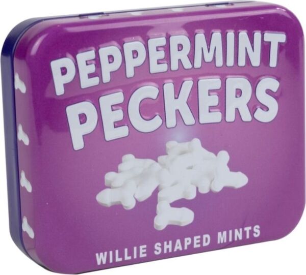 Plechovka mátových bonbónů Peppermint Peckers 30 g od Spencer & Fleetwood s bonbóny ve tvaru penisu