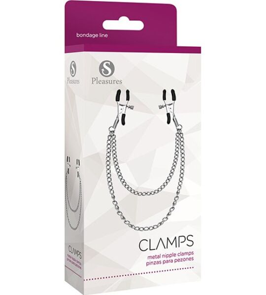 Stříbrné svorky na bradavky S Pleasures Metal Nipple Clamps spojené řetízkem