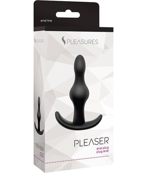 Černý anální kolík S Pleasures Pleaser se dvěma postupně se zvětšujícími kuličkami a základnou jako zarážkou