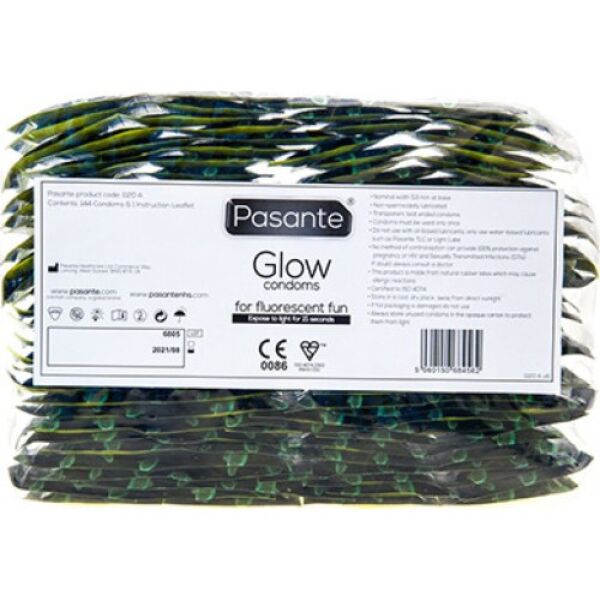 Poloprůhledné kondomy Pasante Glow 144, které ve tmě svítí zeleně