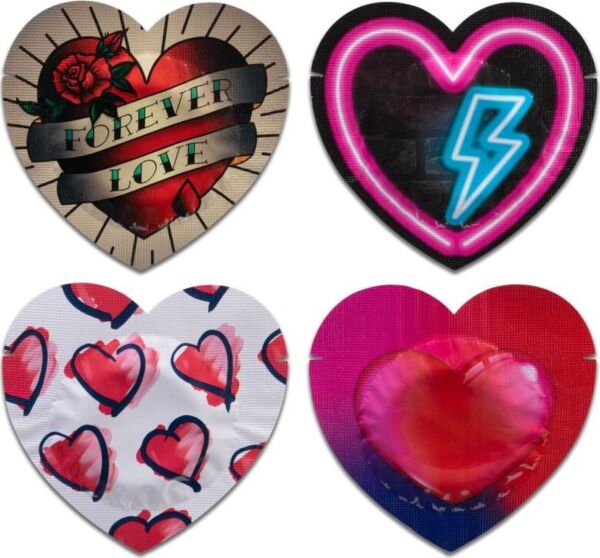 Kondomy Pasante Red Heart Shape 144, červené, v obalech ve tvaru srdce