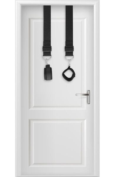 Pouta na dveře Darkness Bondage Door Cuffs s dvěma akrylovými trubkami, nylonovými popruhy a dvěma manžetami na zápěstí