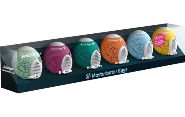 Všech šest masturbátorů ve tvaru vajíčka ze sady Satisfyer Masturbator Egg Set 6 kusů, každý v jiné barvě