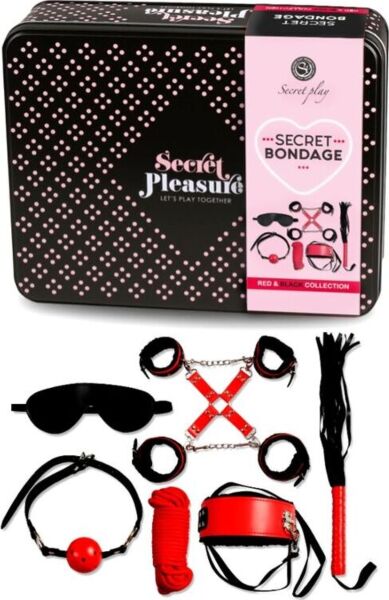 BDSM set Secret Bondage červeno-černý od Secret Play s kusy z umělé kůže a lanem