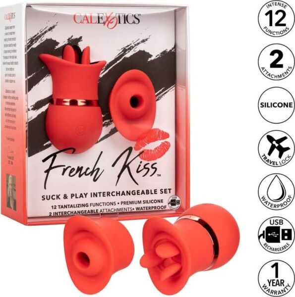 Červený stimulátor klitorisu CalExotics French Kiss Suck & Play Set se dvěma výměnnými nástavci