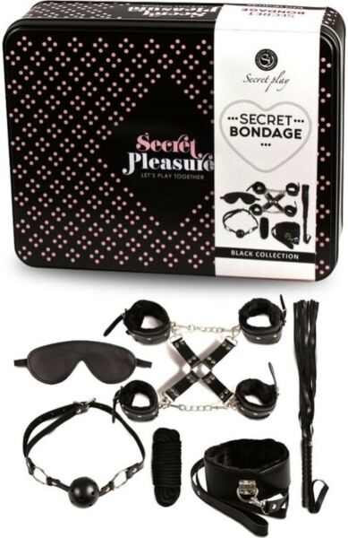 BDSM sada Secret Play Secret Bondage 8 dílů černá, s pouty, bičem, roubíkem, maskou na oči, obojkem a lanem