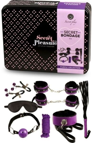 Bondage set Secret Play s bičem, pouty, kuličkovým roubíkem, lanem, maskou na oči, obojkem a svorkami, vše v černé barvě