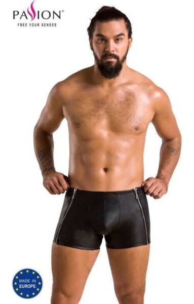 Pánské boxerky Passion 049 Short Matt z černé koženky s kovovými zipy