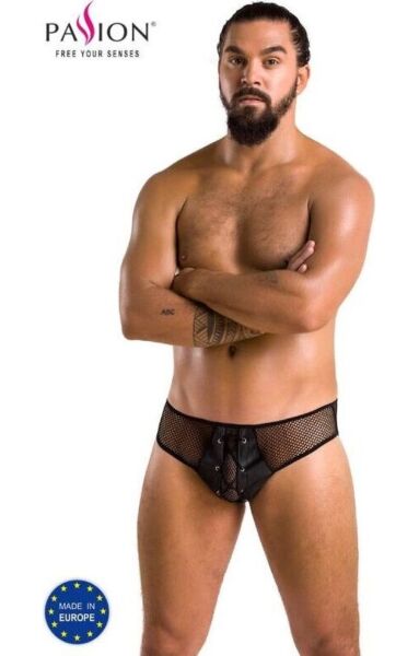 Pánský slip Passion Richard z černé síťoviny a ekokůže se šněrováním vpředu