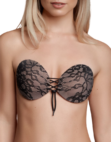 Samolepicí podprsenka Bye Bra Round Lace-it se dvěma košíčky a předním zapínáním se šňůrkami