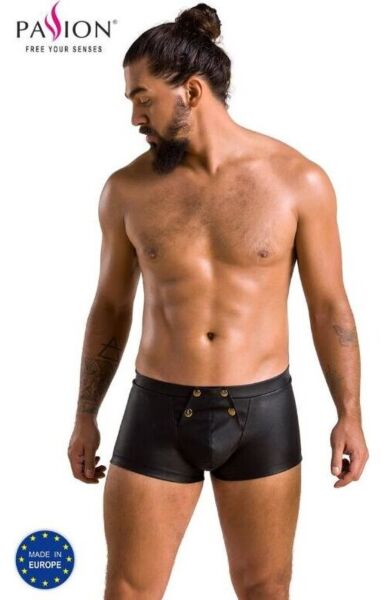 Boxerky Passion 050 Short Patrick z černé koženky s kovovými patentkami