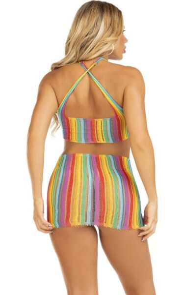 Minišaty Leg Avenue Technicolor Dream s duhovými pruhy, výstřihem halter a zkříženými ramínky