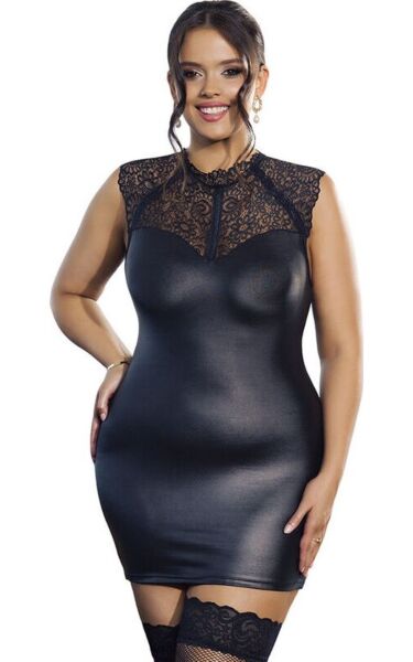 Erotické šaty Subblime Black Lace Leather z černé krajky s koženými detaily