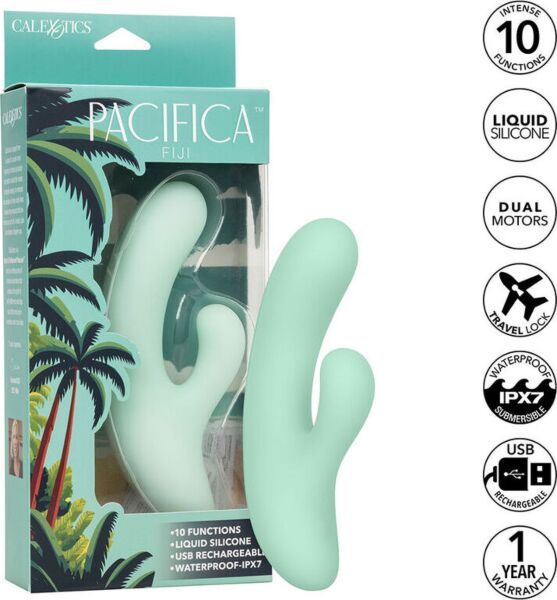 Vibrátor na bod G CalExotics Pacifica Fiji z průhledného zeleného silikonu se zakřiveným dříkem a druhým stimulátorem