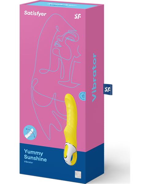 Vibrátor na G-bod Satisfyer Yummy Sunshine, žluté barvy, zakřivený a se žebrovaným povrchem