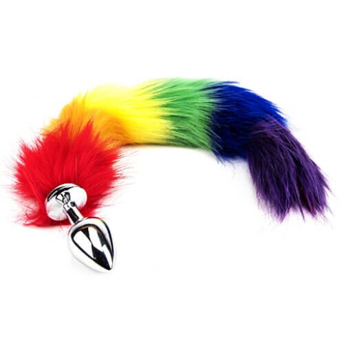 Butt Plug Furry Fantasy Rainbow Tail 45 cm s umělou srstí