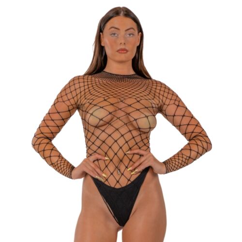 Teddy Lace by LJ Fence Net Long Sleeved Thong Bodysuit