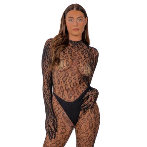 Bodystocking Lace Gloved Leopard Print Catsuit s otevřeným zadním
