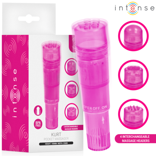 Mini vibrátor INTENSE FUN TOYS Kurt se 4 vyměnitelnými hlavicemi, růžový