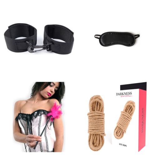 Sada jemného bondage pro začátečníky s pouty, maskou, bičíkem a lanem