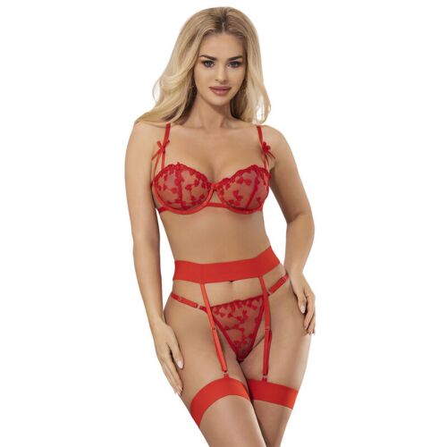 Sada spodního prádla SUBBLIME HEART PRINT BRA THONG GARTER BELT