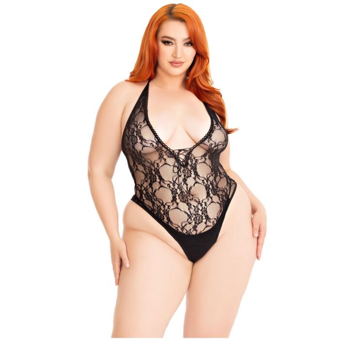 Floral Lace Deep-V Teddy Leg Avenue pro plnoštíhlé Floral Lace Deep-V Teddy Leg Avenue pro plnoštíhlé