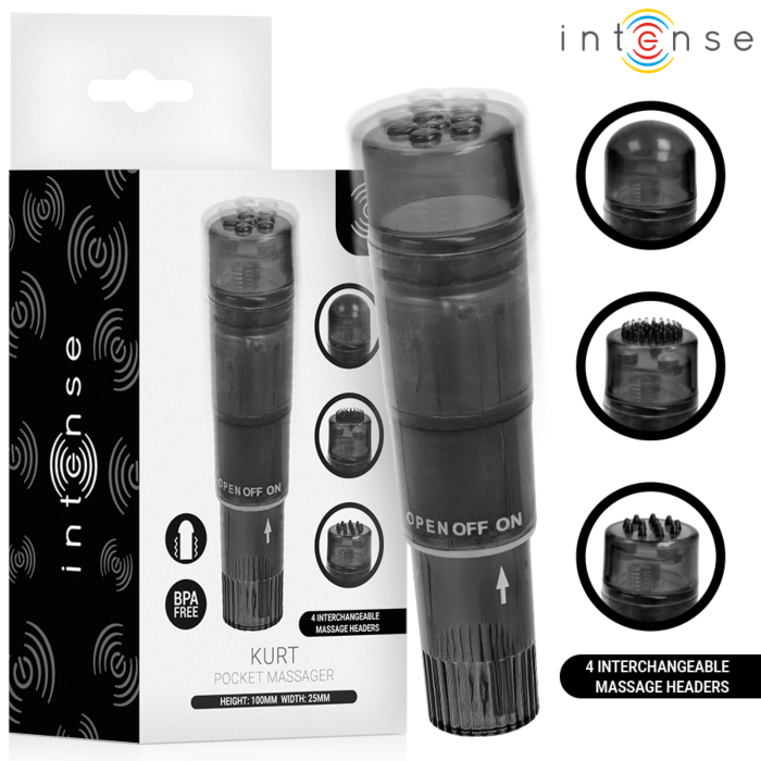 INTENSE FUN TOYS KURT mini masážní vibrátor se 4 vyměnitelnými hlavicemi černý